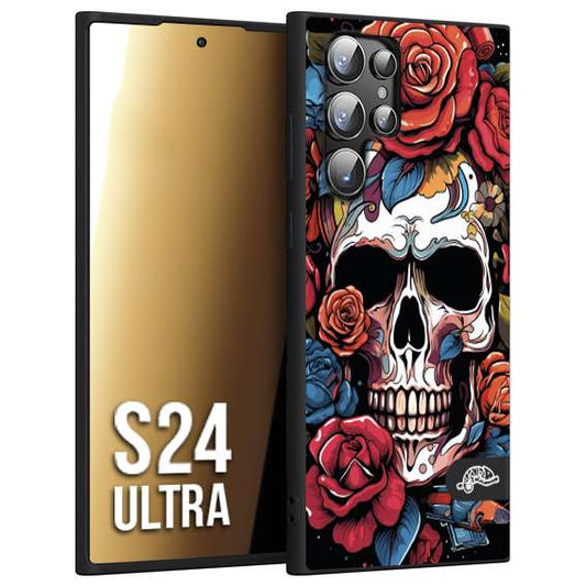 CUSTOMIZZA - Custodia cover nera morbida in tpu compatibile per Samsung S24 ULTRA teschio skull flowers fiori rose rosse tattoo disegnato