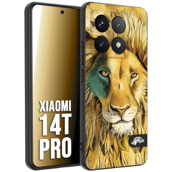 CUSTOMIZZA - Custodia cover nera morbida in tpu compatibile per Xiaomi 14T PRO leone lion disegnato a mano giallo blu a rilievo artistico brown