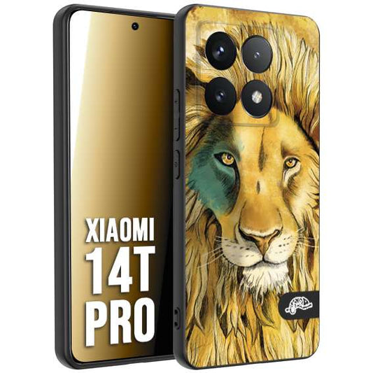 CUSTOMIZZA - Custodia cover nera morbida in tpu compatibile per Xiaomi 14T PRO leone lion disegnato a mano giallo blu a rilievo artistico brown
