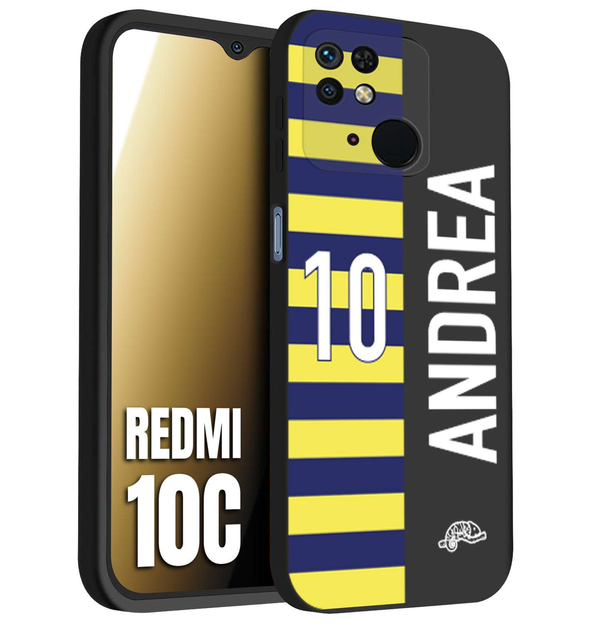 CUSTOMIZZA - Custodia cover nera morbida in tpu compatibile per Xiaomi Redmi 10C personalizzata calcio football nome e numero calciatori giallo blu