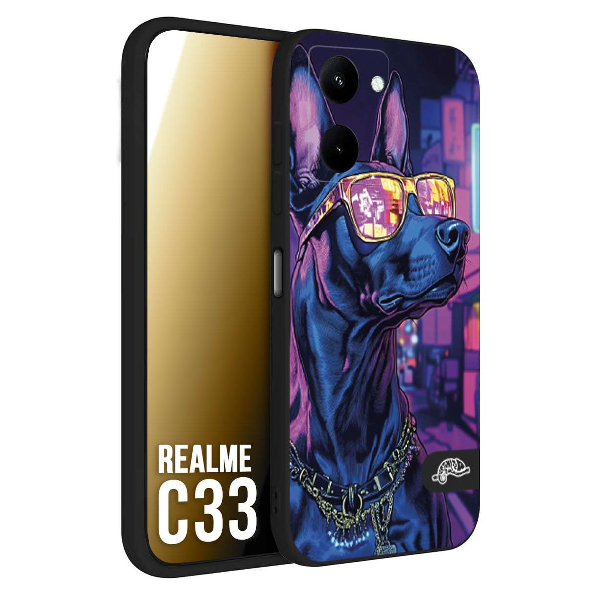 CUSTOMIZZA - Custodia cover nera morbida in tpu compatibile per Realme C33 animali cyberpunk dobermann cane street dog fucsia blu night