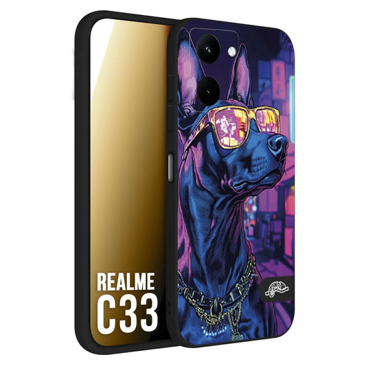 CUSTOMIZZA - Custodia cover nera morbida in tpu compatibile per Realme C33 animali cyberpunk dobermann cane street dog fucsia blu night