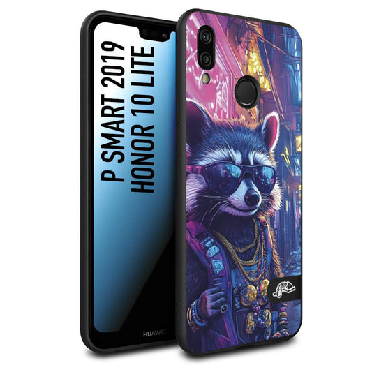 CUSTOMIZZA - Custodia cover nera morbida in tpu compatibile per Huawei P Smart 2019 animali simpatici cyberpunk procione racoon street cat fucsia blu giallo