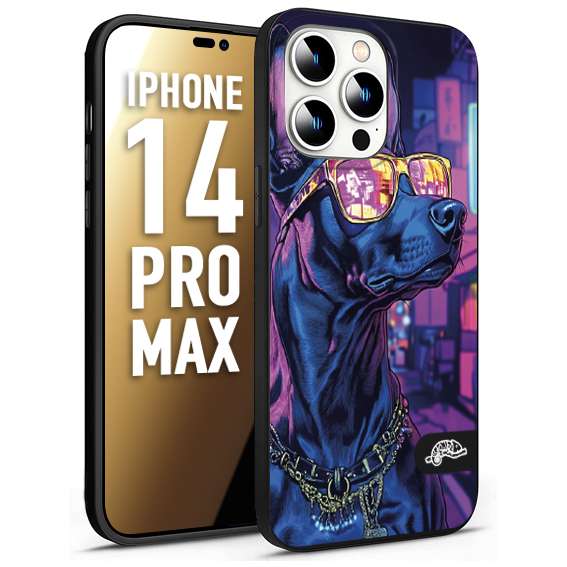 CUSTOMIZZA - Custodia cover nera morbida in tpu compatibile per iPhone 14 PRO MAX animali cyberpunk dobermann cane street dog fucsia blu night