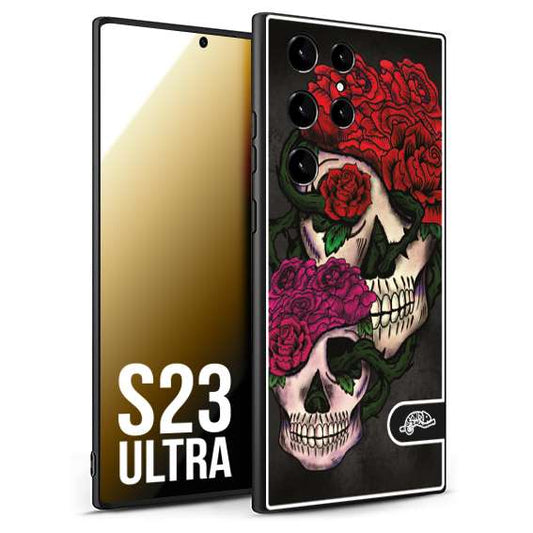 CUSTOMIZZA - Custodia cover nera morbida in tpu compatibile per Samsung S23 ULTRA teschi e rose rosse fucsia skull and roses