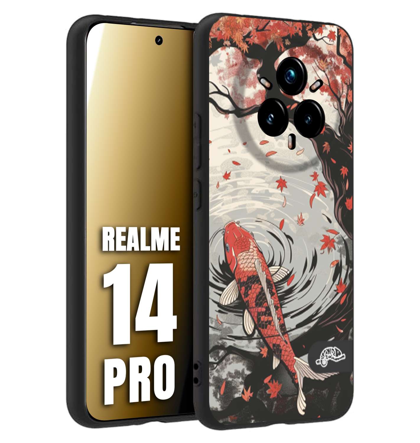 CUSTOMIZZA - Custodia cover nera morbida in tpu compatibile per Realme 14 PRO giapponese lago carpa koi rossa con foglie d'acero rosso disegnata tattoo