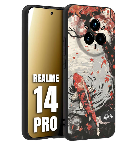 CUSTOMIZZA - Custodia cover nera morbida in tpu compatibile per Realme 14 PRO giapponese lago carpa koi rossa con foglie d'acero rosso disegnata tattoo