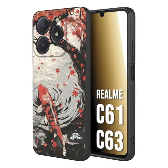 CUSTOMIZZA - Custodia cover nera morbida in tpu compatibile per Realme C61 - C63 giapponese lago carpa koi rossa con foglie d'acero rosso disegnata tattoo