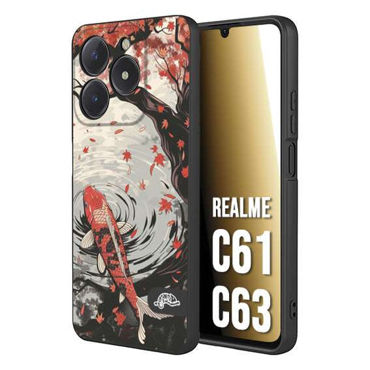 CUSTOMIZZA - Custodia cover nera morbida in tpu compatibile per Realme C61 - C63 giapponese lago carpa koi rossa con foglie d'acero rosso disegnata tattoo