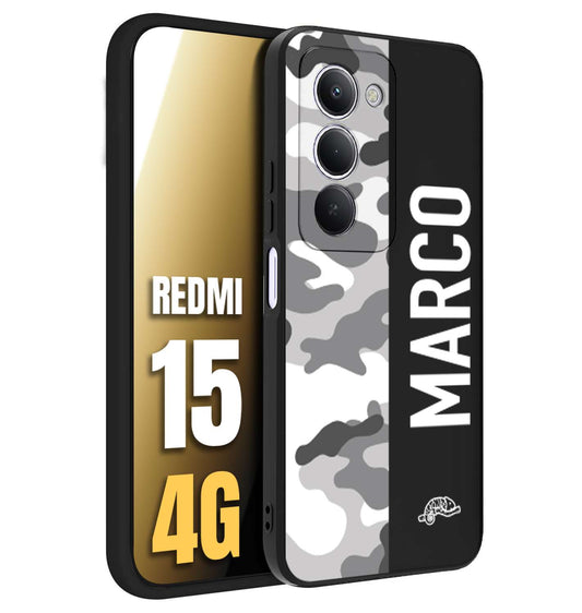 CUSTOMIZZA - Custodia cover nera morbida in tpu compatibile per Xiaomi Redmi 15 4G camouflage mimetico militare personalizzata nome bianco