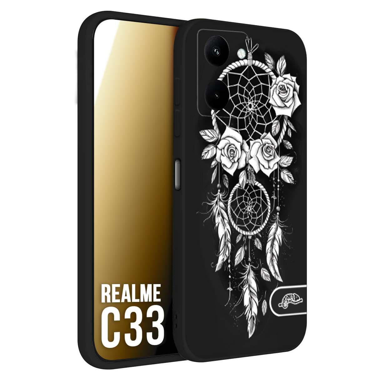 CUSTOMIZZA - Custodia cover nera morbida in tpu compatibile per Oppo Realme C33 acchiappasogni dreamcatcher black and white bianco a rilievo disegnato tattoo tatuaggio