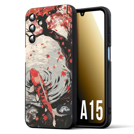 CUSTOMIZZA - Custodia cover nera morbida in tpu compatibile per Samsung A15 5G giapponese lago carpa koi rossa con foglie d'acero rosso disegnata tattoo