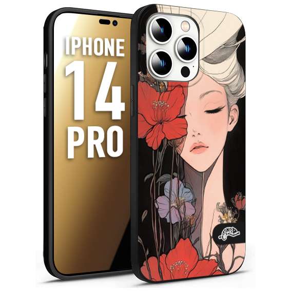CUSTOMIZZA - Custodia cover nera morbida in tpu compatibile per iPhone 14 PRO woman flower Fantasia Floreale Design Donna e Fiori, Retro Artistico