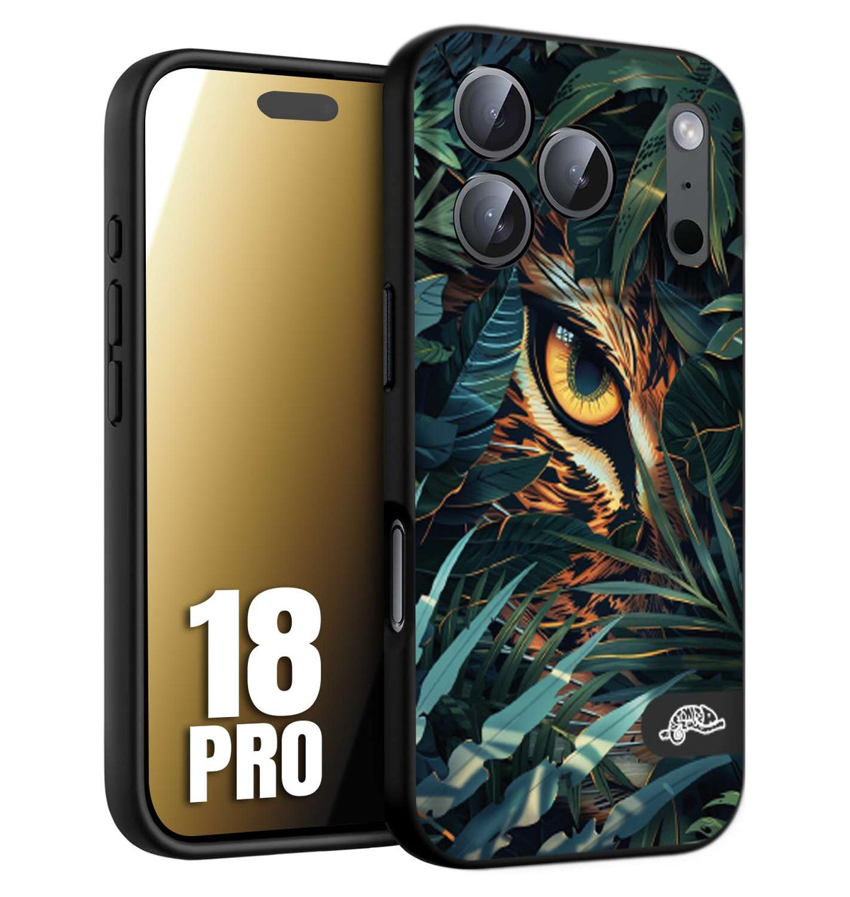 CUSTOMIZZA - Custodia cover nera morbida in tpu compatibile per iPhone 18 PRO animali color giungla tropicale occhio di giaguaro felino disegnato