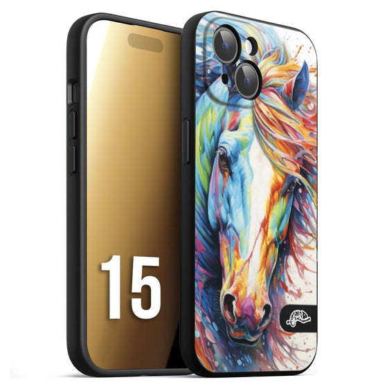 CUSTOMIZZA - Custodia cover nera morbida in tpu compatibile per iPhone 15 animali color cavallo horse viso colori vibranti disegnato schizzo