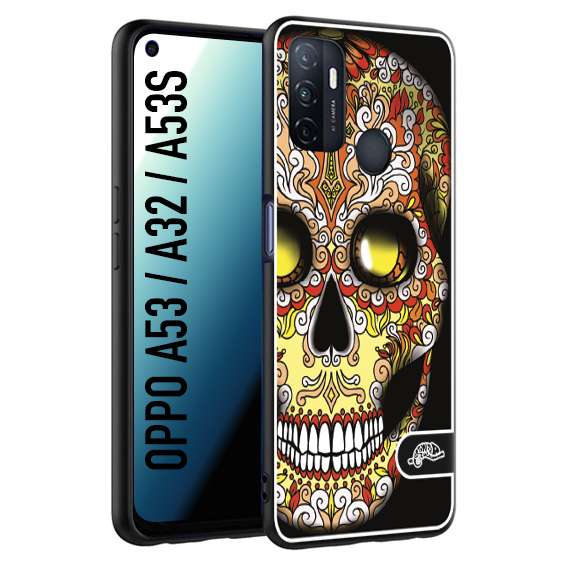 CUSTOMIZZA - Custodia cover nera morbida in tpu compatibile per Oppo A53 - A32 - A53S teschio messicano Mexican skull giallo rosso arancio
