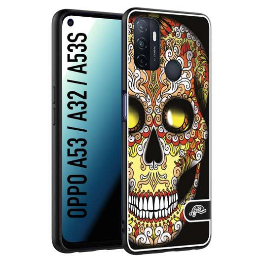 CUSTOMIZZA - Custodia cover nera morbida in tpu compatibile per Oppo A53 - A32 - A53S teschio messicano Mexican skull giallo rosso arancio