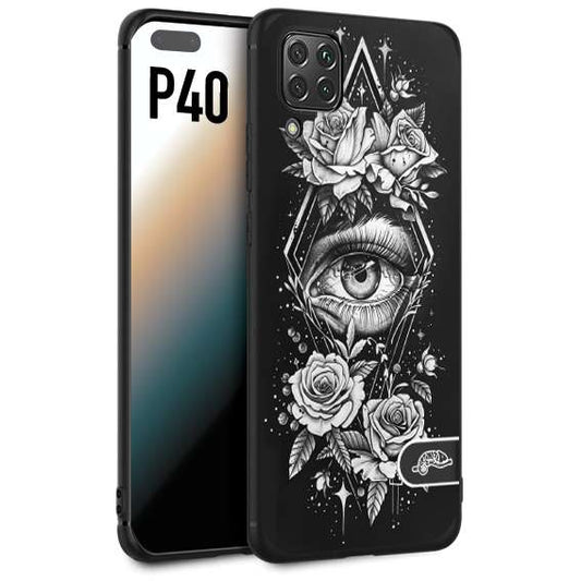 CUSTOMIZZA - Custodia cover nera morbida in tpu compatibile per Huawei P40 occhio fiori rombo geometrico black and white bianco a rilievo disegnato tattoo tatuaggio