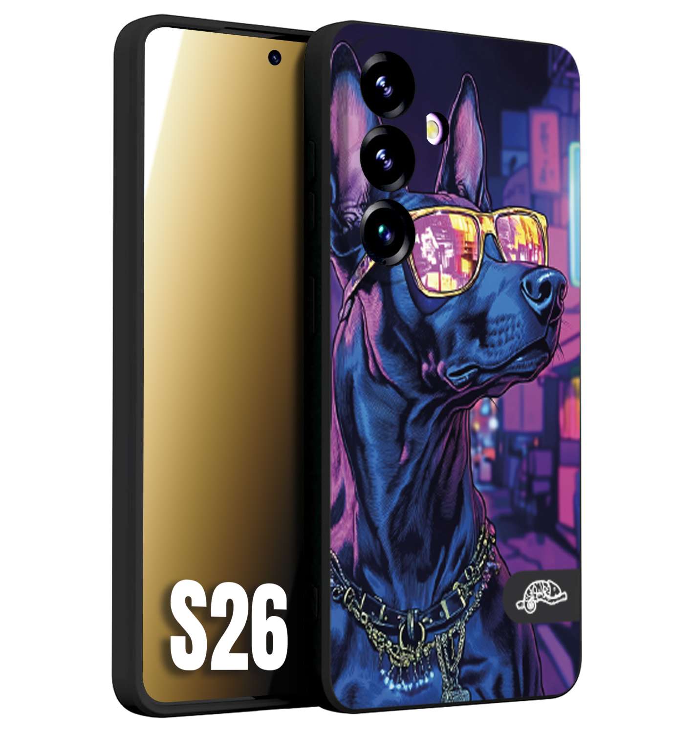 CUSTOMIZZA - Custodia cover nera morbida in tpu compatibile per Samsung S26 animali cyberpunk dobermann cane street dog fucsia blu night