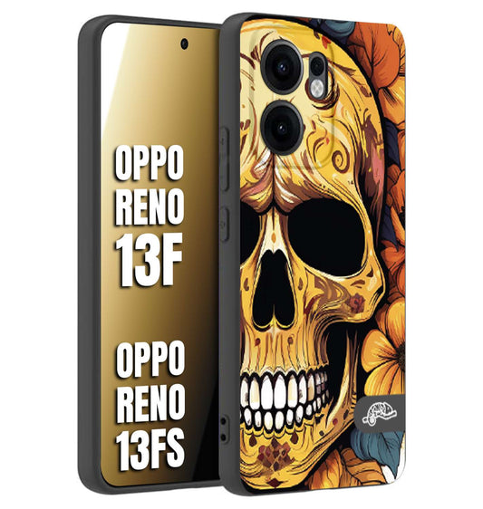 CUSTOMIZZA - Custodia cover nera morbida in tpu compatibile per Oppo Reno 13 F teschio messicano colorato dorato fiori autunnali disegnato