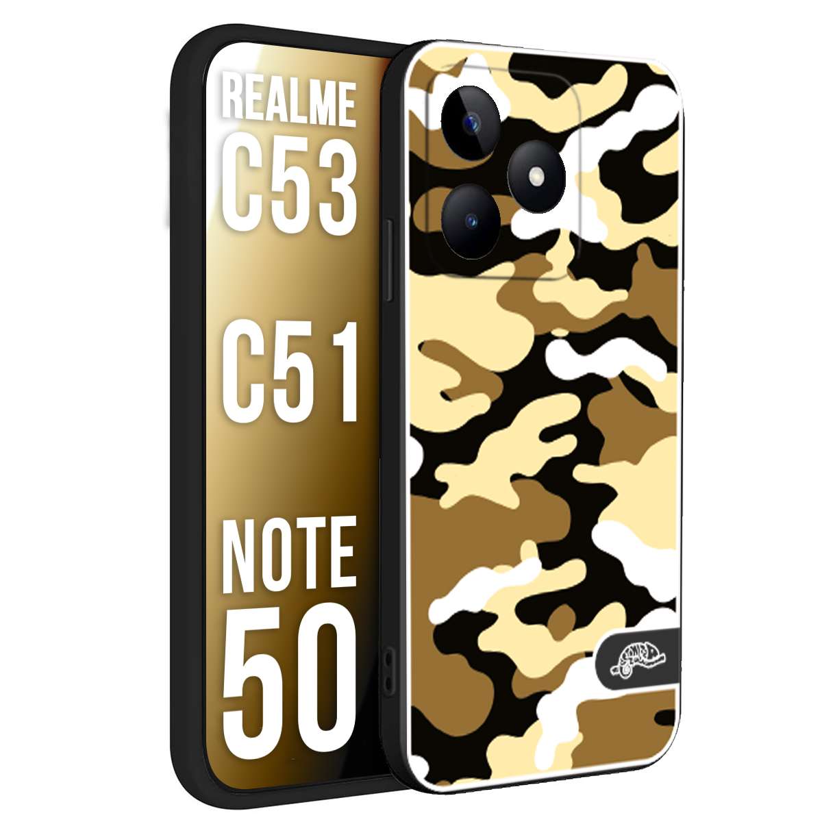 CUSTOMIZZA - Custodia cover nera morbida in tpu compatibile per Oppo Realme C53 - C51 - NOTE 50 camouflage mimetico militare giallo desert brown