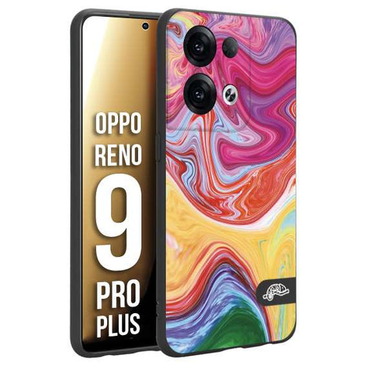 CUSTOMIZZA - Custodia cover nera morbida in tpu compatibile per Oppo Reno 9 PRO PLUS colorata fantasia vortice marmo onde verde fucsia gialla