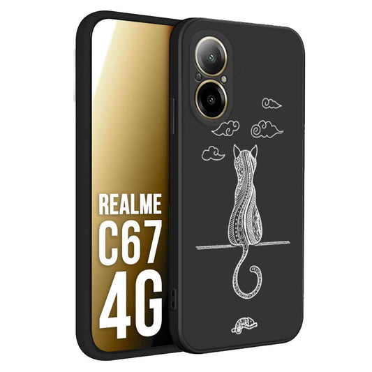 CUSTOMIZZA - Custodia cover nera morbida in tpu compatibile per Realme C67 4G gatto mandala stilizzato gattino a rilievo soft touch donna bianca