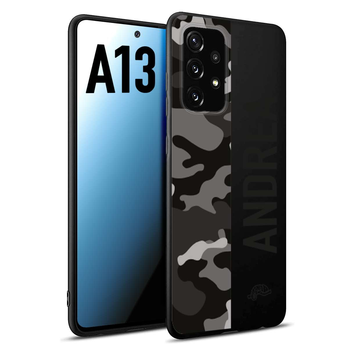 CUSTOMIZZA - Custodia cover nera morbida in tpu compatibile per Samsung A13 camouflage mimetico militare personalizzata nome