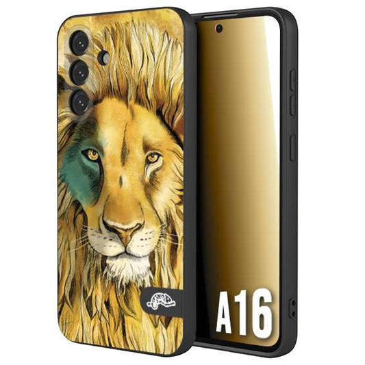 CUSTOMIZZA - Custodia cover nera morbida in tpu compatibile per Samsung A16 leone lion disegnato a mano giallo blu a rilievo artistico brown