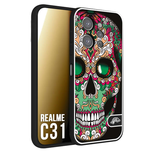 CUSTOMIZZA - Custodia cover nera morbida in tpu compatibile per Oppo Realme C31 teschio messicano Mexican skull verde fucsia