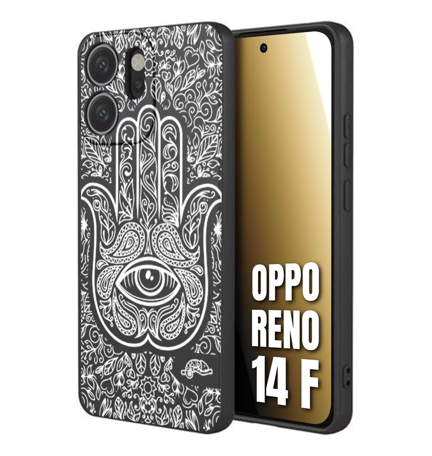 CUSTOMIZZA - Custodia cover nera morbida in tpu compatibile per Oppo Reno 14 F mano di fatima effetto rilievo mandala donna