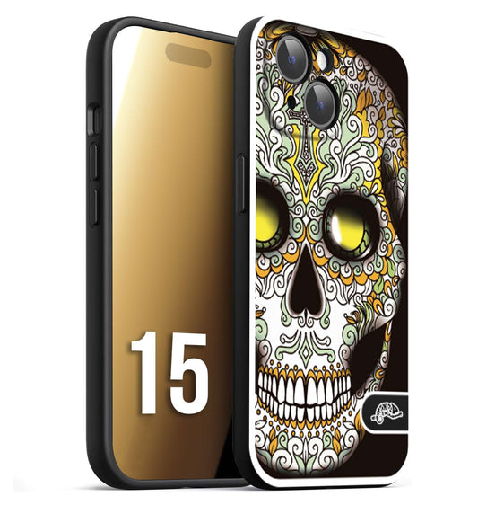 CUSTOMIZZA - Custodia cover nera morbida in tpu compatibile per iPhone 15 teschio messicano Mexican skull bianco verde giallo