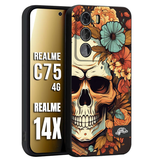 CUSTOMIZZA - Custodia cover nera morbida in tpu compatibile per Realme 14X - C75 4G teschio skull flowers fiori autunnali arancio celeste tattoo