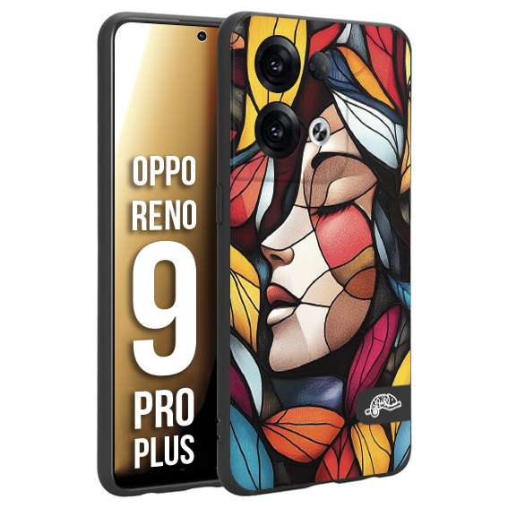 CUSTOMIZZA - Custodia cover nera morbida in tpu compatibile per Oppo Reno 9 PRO PLUS Vetrata artistica volto di donna profilo fogliare mosaico di vetro colorato
