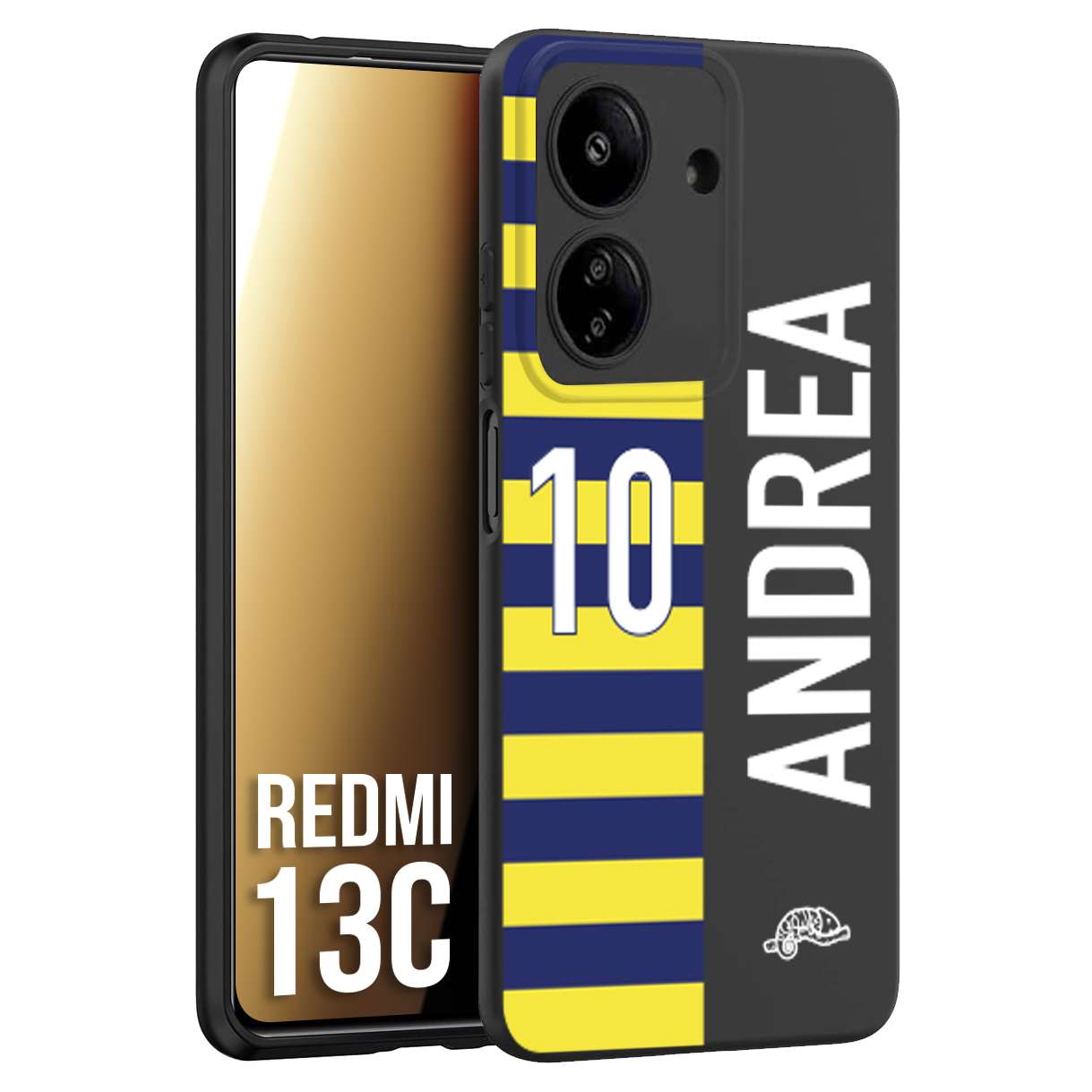 CUSTOMIZZA - Custodia cover nera morbida in tpu compatibile per Xiaomi Redmi 13C personalizzata calcio football nome e numero calciatori giallo blu