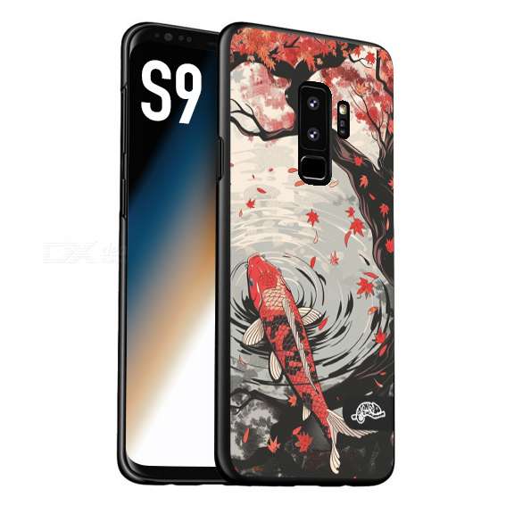 CUSTOMIZZA - Custodia cover nera morbida in tpu compatibile per Samsung S9 giapponese lago carpa koi rossa con foglie d'acero rosso disegnata tattoo