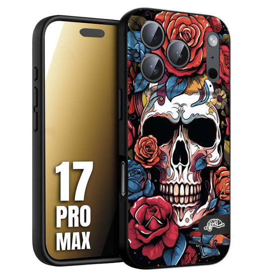 CUSTOMIZZA - Custodia cover nera morbida in tpu compatibile per iPhone 17 PRO MAX teschio skull flowers fiori rose rosse tattoo disegnato