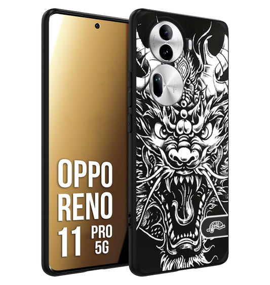 CUSTOMIZZA - Custodia cover nera morbida in tpu compatibile per Oppo Reno 11 PRO 5G drago black and white bianco a rilievo disegnato tattoo tatuaggio