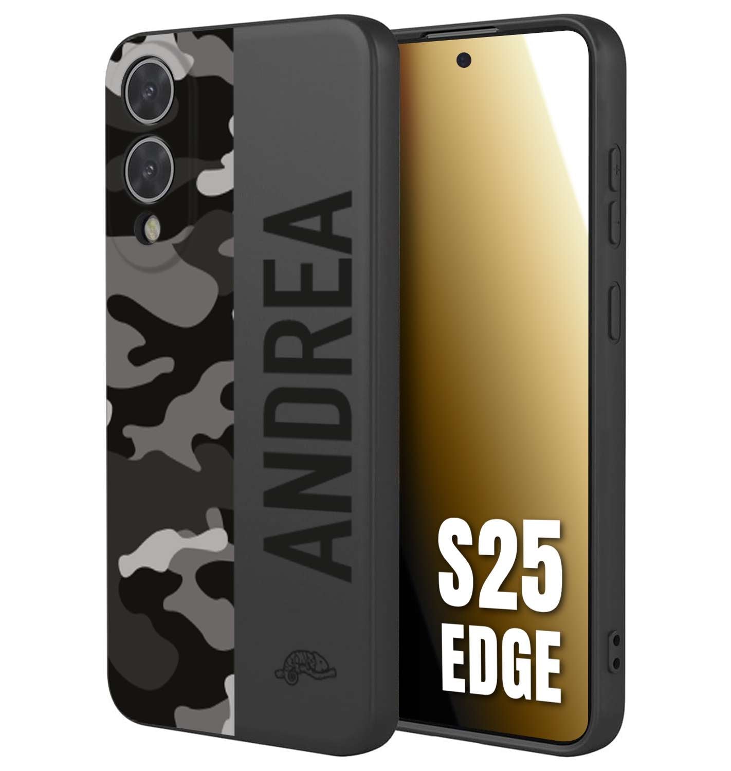 CUSTOMIZZA - Custodia cover nera morbida in tpu compatibile per Samsung S25 EDGE camouflage mimetico militare personalizzata nome