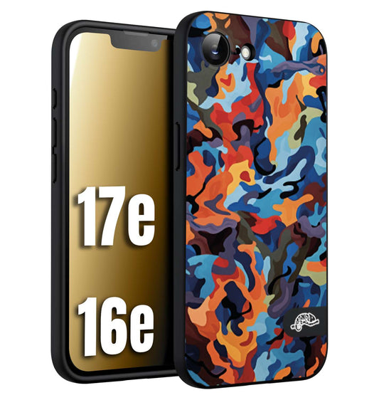 CUSTOMIZZA - Custodia cover nera morbida in tpu compatibile per iPhone 16E - 17E camouflage mimetico militare moderno blu arancio rosso