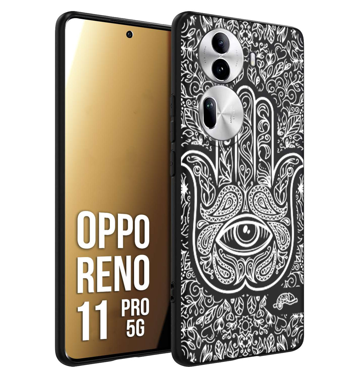 CUSTOMIZZA - Custodia cover nera morbida in tpu compatibile per Oppo Reno 11 PRO 5G mano di fatima effetto rilievo mandala donna