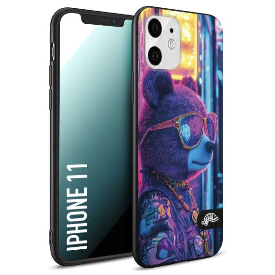 CUSTOMIZZA - Custodia cover nera morbida in tpu compatibile per iPhone 11 animali cyberpunk orsetto orso street bear fucsia blu night