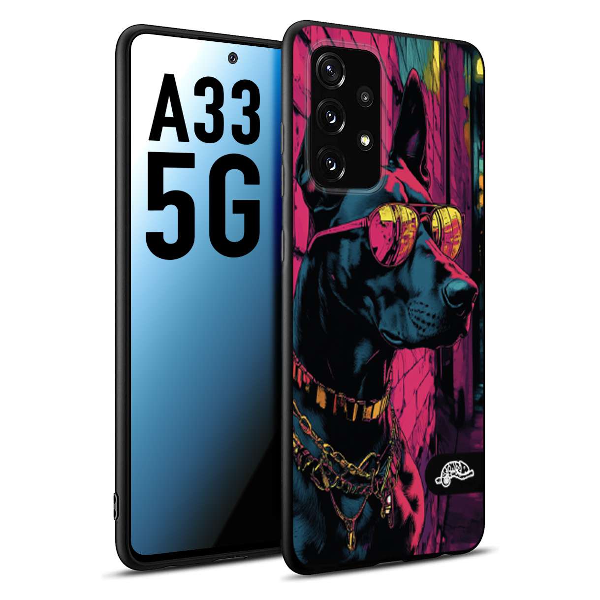 CUSTOMIZZA - Custodia cover nera morbida in tpu compatibile per Samsung A33 5G animali cyberpunk dobermann cane street dog fucsia blu