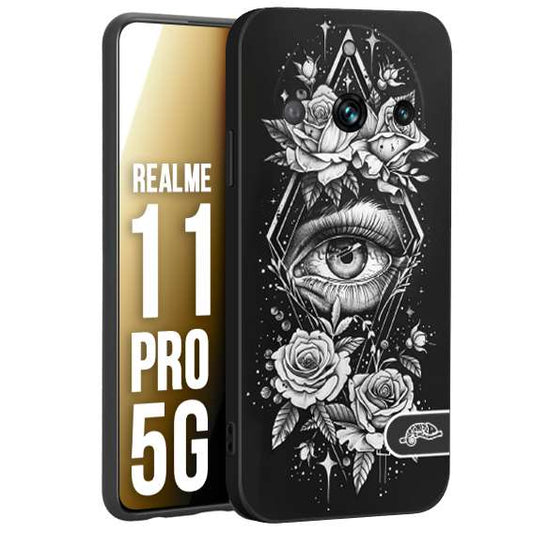 CUSTOMIZZA - Custodia cover nera morbida in tpu compatibile per Realme 11 PRO 5G occhio fiori rombo geometrico black and white bianco a rilievo disegnato tattoo tatuaggio