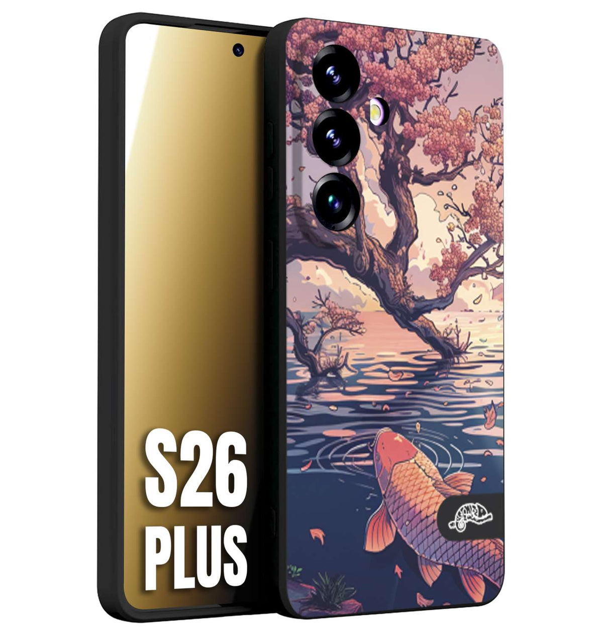CUSTOMIZZA - Custodia cover nera morbida in tpu compatibile per Samsung S26 PLUS giapponese lago carpa koi rosa con foglie d'acero disegnata tattoo