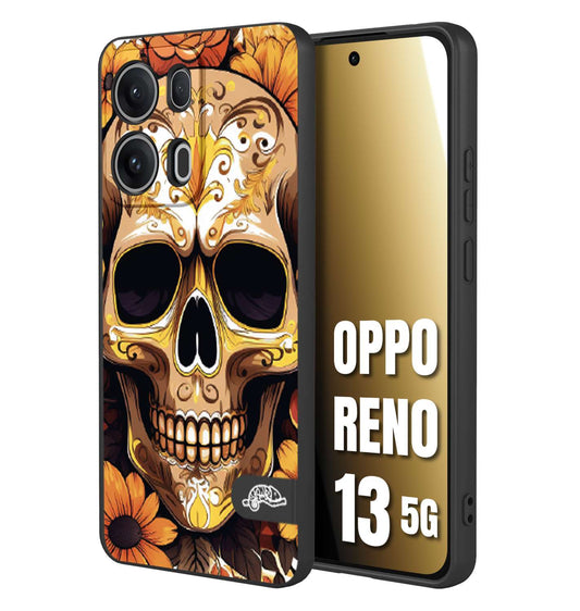 CUSTOMIZZA - Custodia cover nera morbida in tpu compatibile per Oppo Reno 13 5G teschio messicano colorato dorato fiori tattoo disegnato