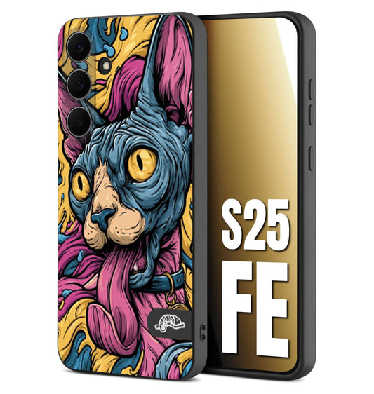 CUSTOMIZZA - Custodia cover nera morbida in tpu compatibile per Samsung S25 FE Sphynx Colorato Pop Art Psichedelico Gatto Blu Rosa Giallo Artistica Fantasy