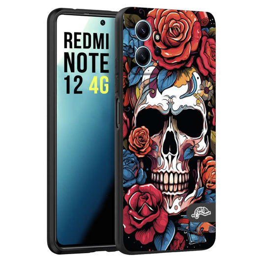 CUSTOMIZZA - Custodia cover nera morbida in tpu compatibile per Xiaomi Redmi Note 12 4G teschio skull flowers fiori rose rosse tattoo disegnato