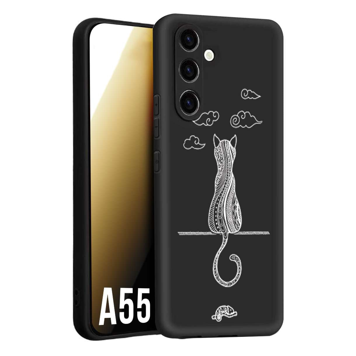 CUSTOMIZZA - Custodia cover nera morbida in tpu compatibile per Samsung A55 5G gatto mandala stilizzato gattino a rilievo soft touch donna bianca