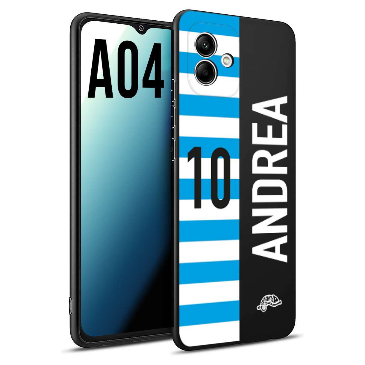 CUSTOMIZZA - Custodia cover nera morbida in tpu compatibile per Samsung A04 personalizzata calcio football nome e numero calciatori biancazzurri